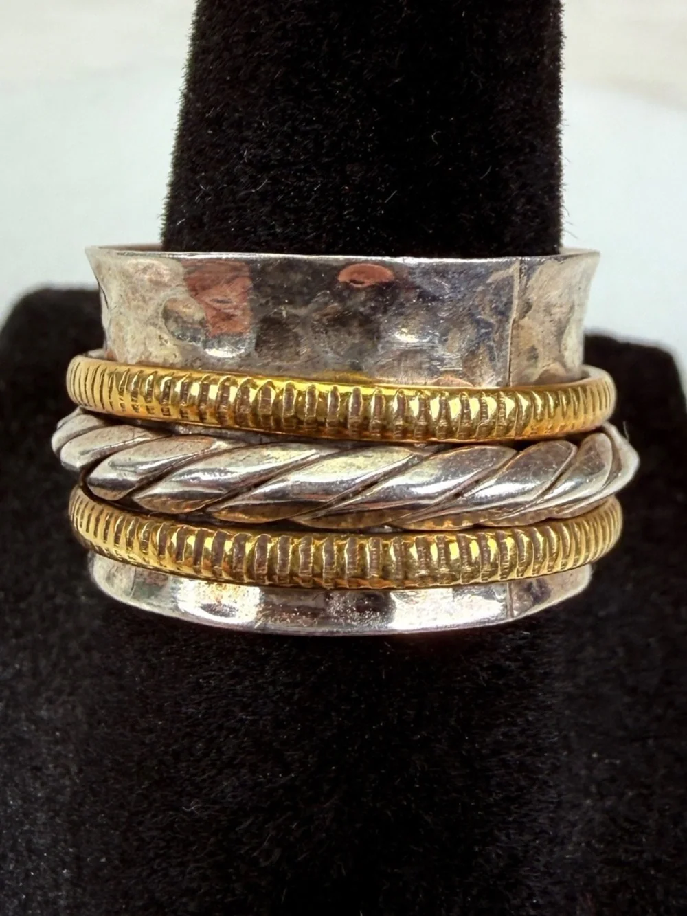 Vintage aged stamped 925 silver and bronze stone wideband spinner ring sz 7 3/4
